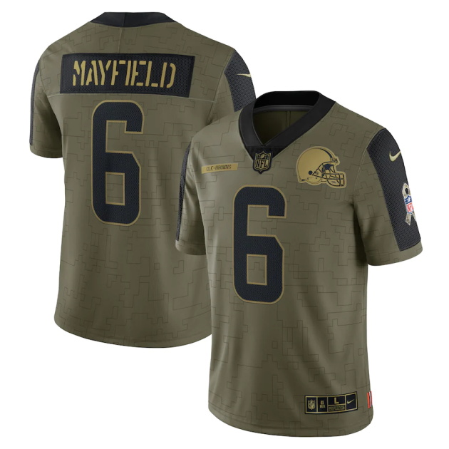 mens nike baker mayfield olive cleveland browns 2021 salute to service limited player jersey